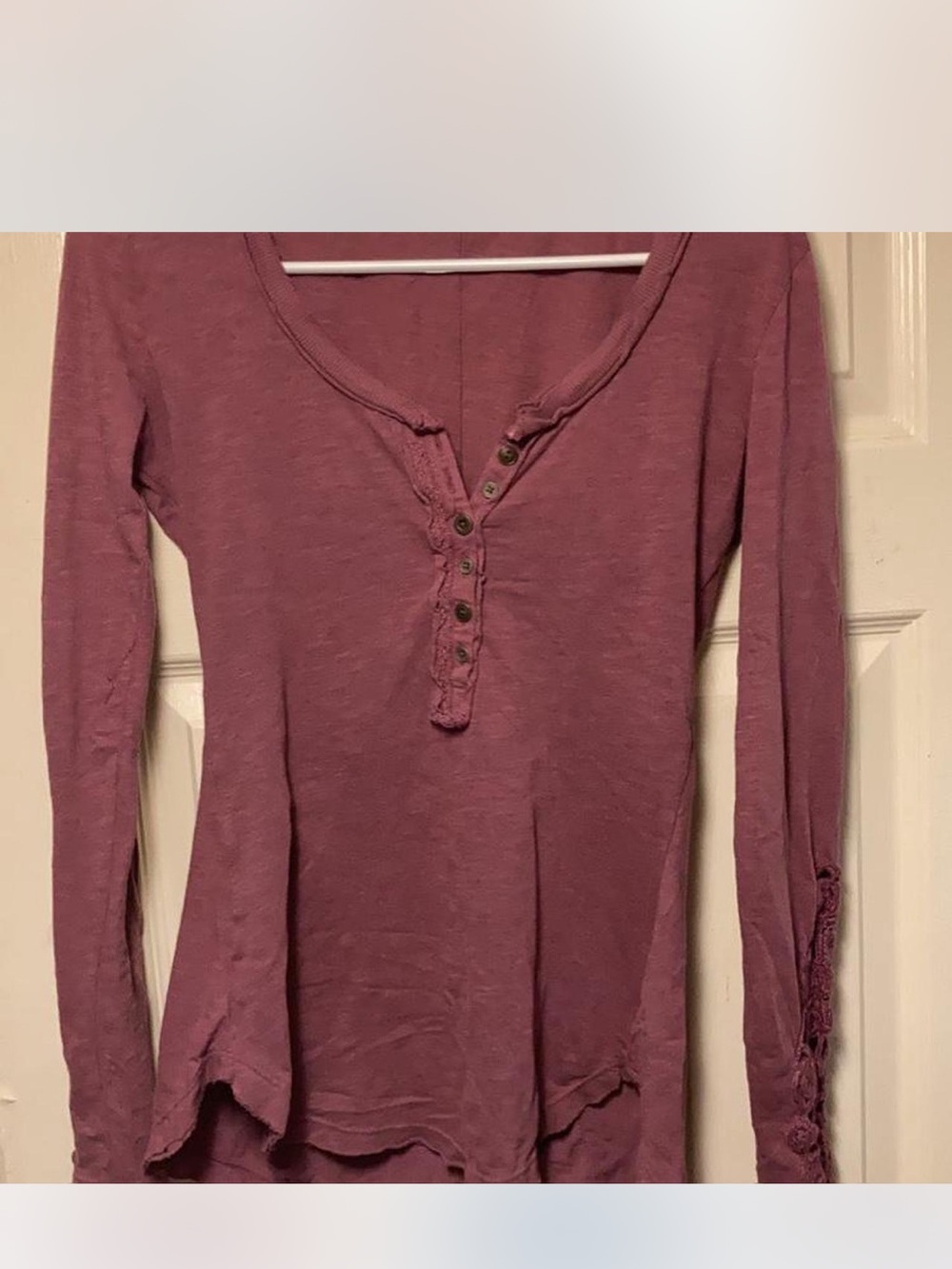 Free People Mauve Long-Sleeve Crochet Cuff Henley Top